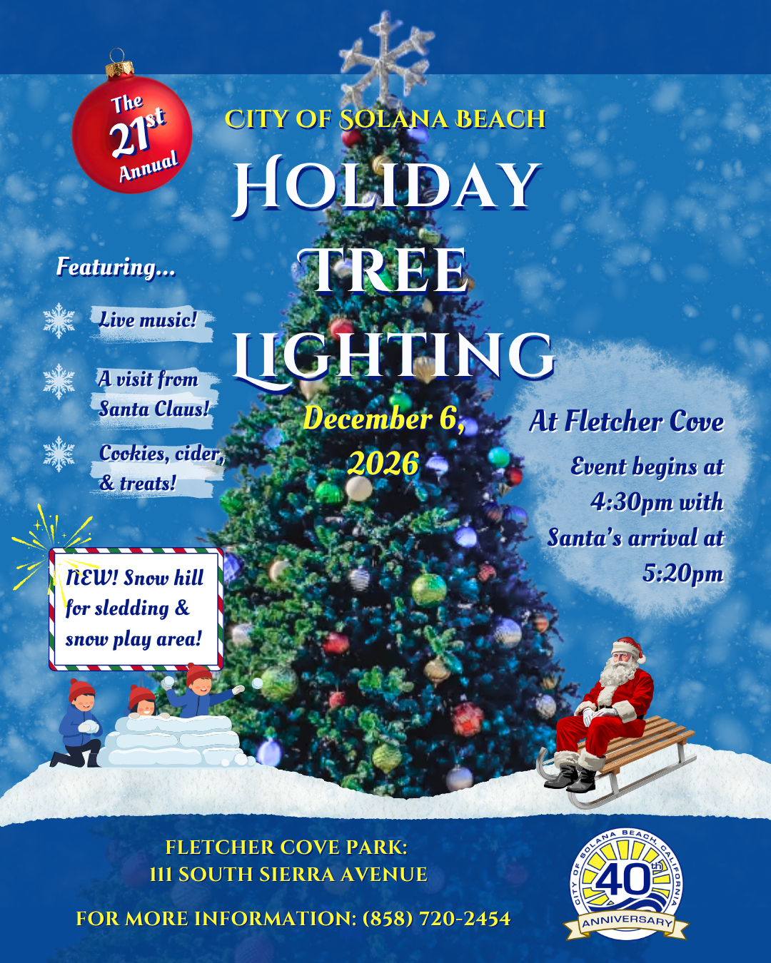 The annual Holiday Tree Lighting at Fletcher Cove, now featuring snow!